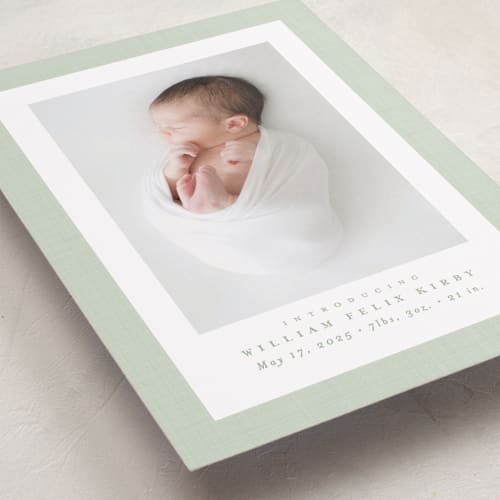 This is a moss birth announcements with standard by Lea Delaveris called linen frame printing on recycled smooth signature in standard