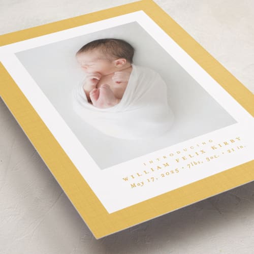 This is a mac and cheese birth announcements with standard by Lea Delaveris called linen frame printing on recycled smooth signature in standard