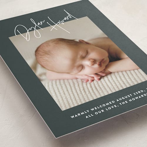This is a hunter birth announcements with standard by JoAnn Jinks called headline printing on smooth signature in standard