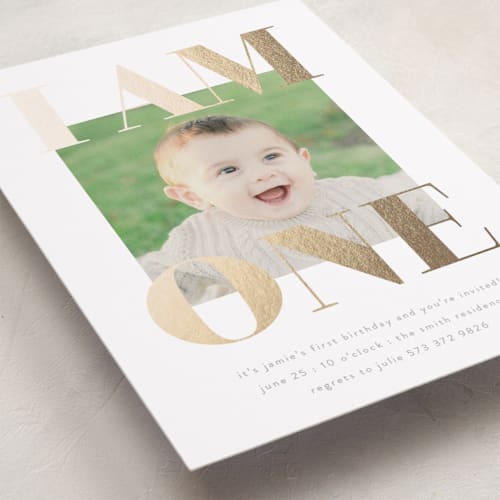 This is a goldenrod kids birthday invitations with foil pressed by Phrosné Barwood called i am one printing on smooth signature in standard
