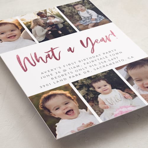 This is a bubblegum kids birthday invitations with foil pressed by Christie Garcia called birthday shots printing on smooth signature in standard