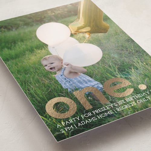 This is a gold kids birthday invitations with foil pressed by Denise Malacrea called colorful one printing on smooth signature in standard