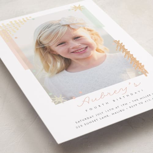 This is a glittery gold kids birthday invitations with foil pressed by Oma N. Ramkhelawan called glitter & glam printing on smooth signature in standard