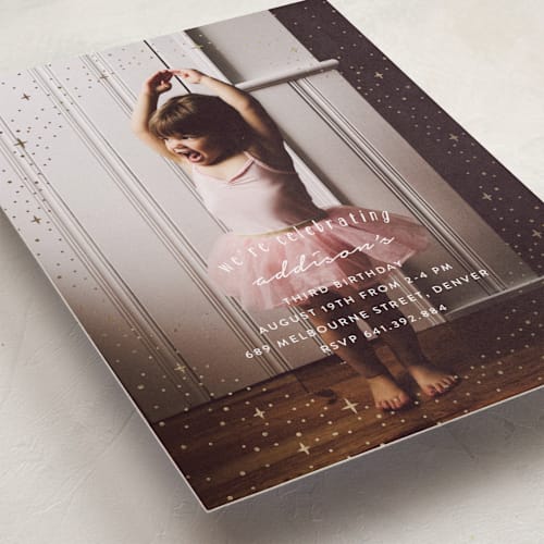 This is a gold kids birthday invitations with foil pressed by Angela Garrick called pixie printing on smooth signature in standard