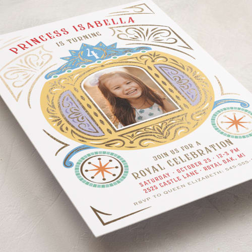 This is a mardi gras kids birthday invitations with foil pressed by Paper Sun Studio called princess carriage printing on smooth signature in standard