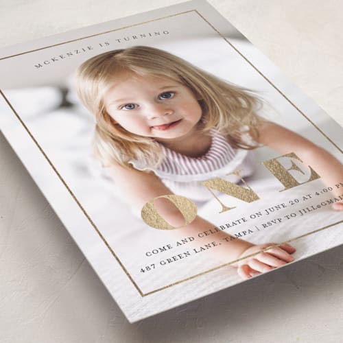 This is a ebony kids birthday invitations with foil pressed by Kasia Labocki called turning one printing on smooth signature in standard