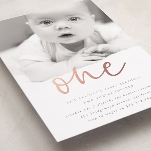 This is a snow kids birthday invitations with foil pressed by David Michuki called hello hello printing on smooth signature in standard