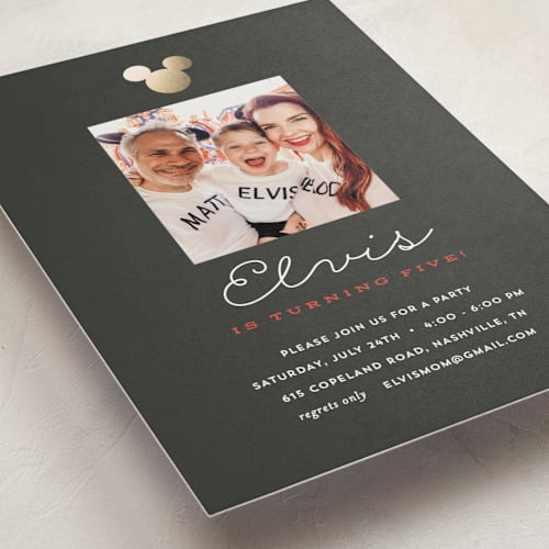 This is a cobblestone kids birthday invitations with foil pressed by Sara Hicks Malone called disney's mickey party printing on smooth signature in standard