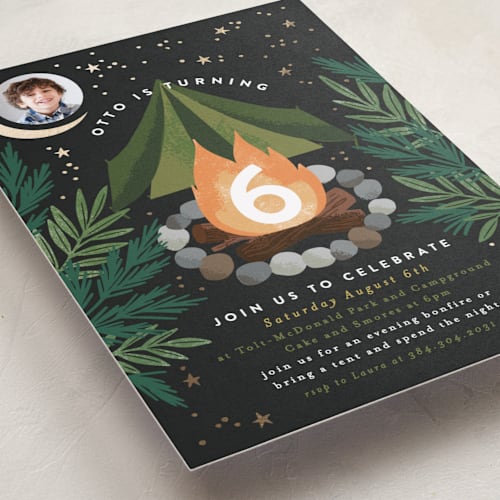 This is a onyx kids birthday invitations with foil pressed by Alethea and Ruth called bonfire printing on smooth signature in standard