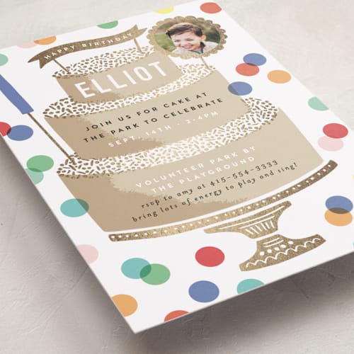 This is a champagne kids birthday invitations with foil pressed by Alethea and Ruth called foil cake printing on smooth signature in standard