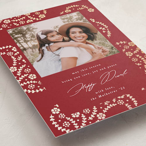 This is a candied apple diwali cards with foil pressed by Mansi Verma called gilded paisley printing on recycled smooth signature in standard