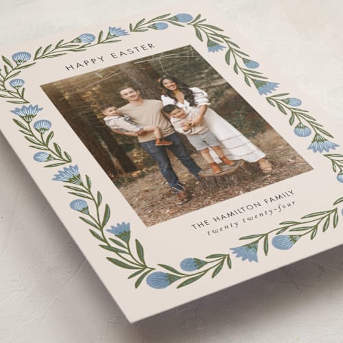 This is a blue spruce easter photo cards with foil pressed by Jen Owens called flower wrap printing on recycled smooth signature in standard