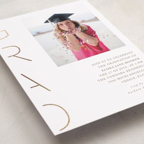 This is a latte graduation invitations with foil pressed by Deynaaz Daraei called pansy printing on recycled smooth signature in standard