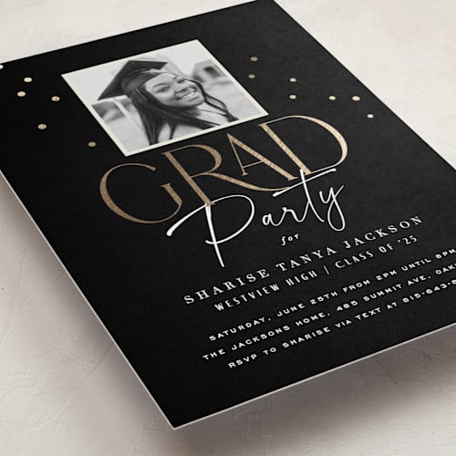 This is a onyx graduation invitations with foil pressed by Hooray Creative called classic grad party printing on recycled smooth signature in standard