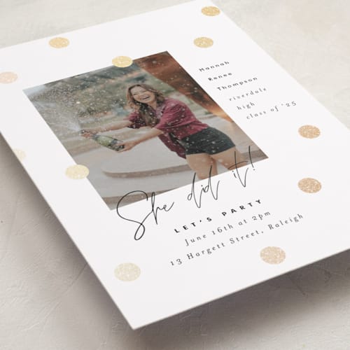 This is a pearl graduation invitations with foil pressed by Pink House Press called you did it! printing on recycled smooth signature in standard