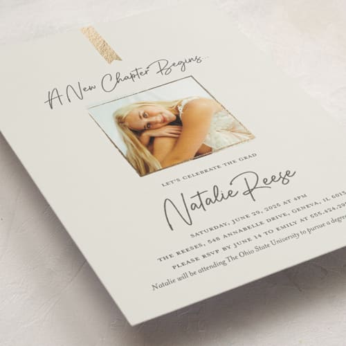 This is a stone graduation invitations with foil pressed by Rachelle Clarke called a new chapter printing on recycled smooth signature in standard