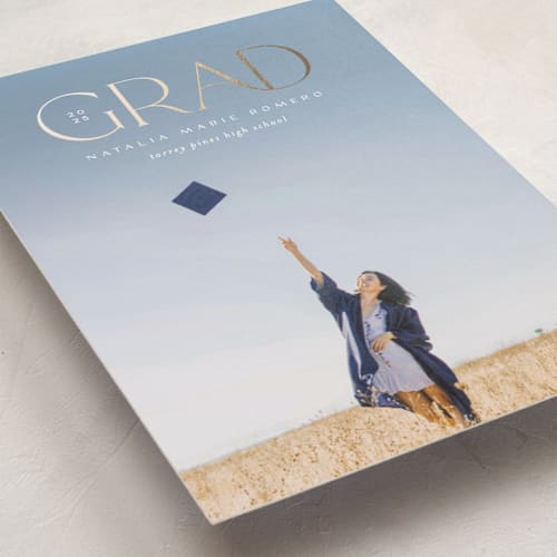 This is a snow graduation announcements with foil pressed by Erica Krystek called high point printing on recycled smooth signature in standard