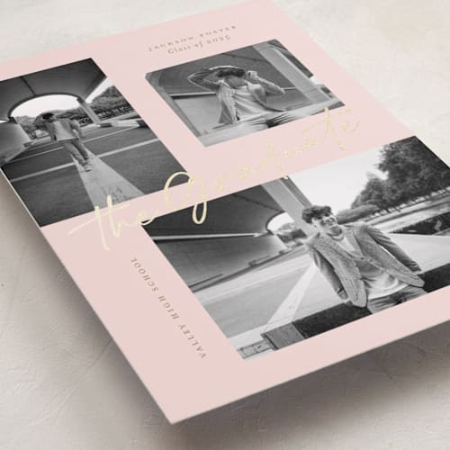 This is a blush graduation announcements with foil pressed by Michelle Taylor called complete printing on recycled smooth signature in standard