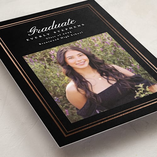 This is a ink graduation announcements with foil pressed by Melanie Kosuge called exemplar printing on recycled smooth signature in standard
