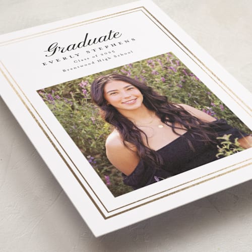 This is a pearl graduation announcements with foil pressed by Melanie Kosuge called exemplar printing on recycled smooth signature in standard