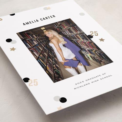 This is a twinkle graduation announcements with foil pressed by Pixel and Hank called grad confetti printing on recycled smooth signature in standard