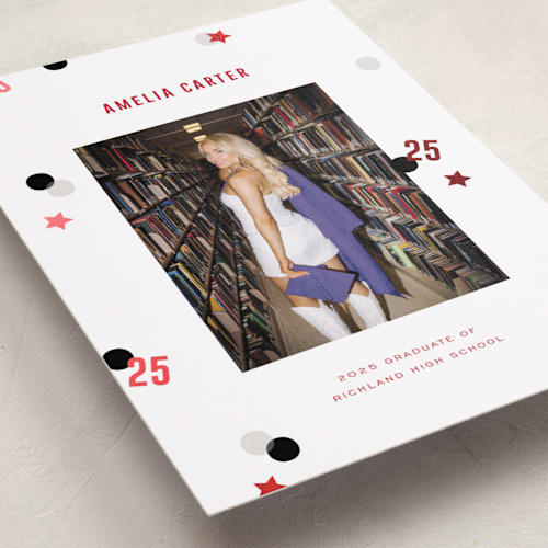 This is a scarlett graduation announcements with foil pressed by Pixel and Hank called grad confetti printing on recycled smooth signature in standard