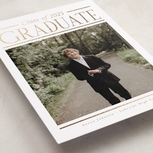 This is a cloud graduation announcements with foil pressed by Nicole Walsh called in line printing on recycled smooth signature in standard