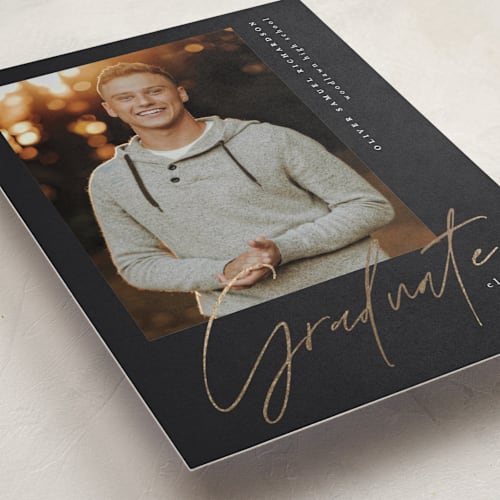 This is a licorice graduation announcements with foil pressed by Jessica Williams called brilliance printing on recycled smooth signature in standard