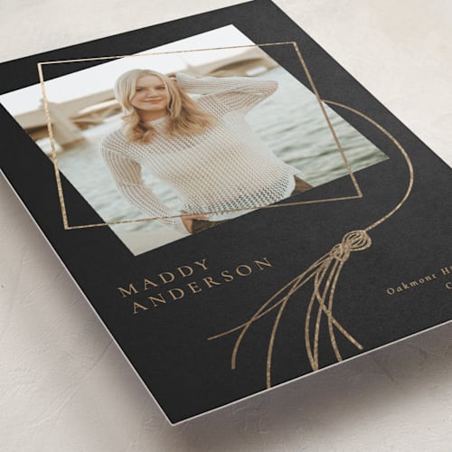 This is a chalkboard graduation announcements with foil pressed by Beth Murphy called tassel dance printing on recycled smooth signature in standard