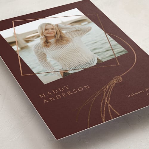 This is a maroon graduation announcements with foil pressed by Beth Murphy called tassel dance printing on recycled smooth signature in standard