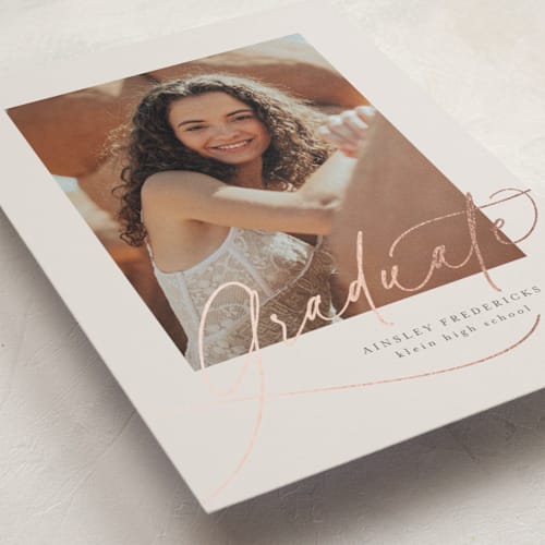 This is a latte graduation announcements with foil pressed by Jackie Crawford called simply side scripted printing on recycled smooth signature in standard