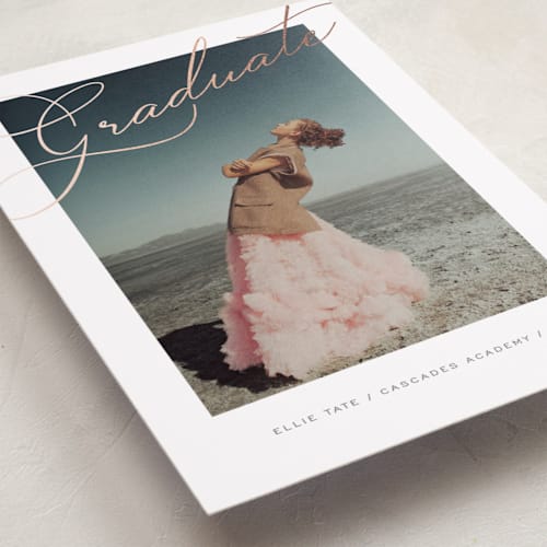 This is a cotton graduation announcements with foil pressed by Susan Zinader called timeless script printing on recycled smooth signature in standard