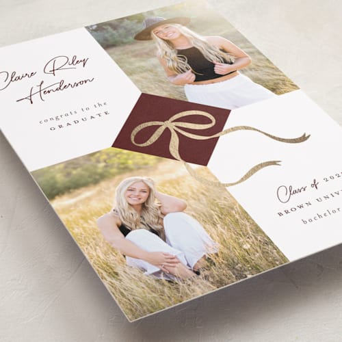 This is a burgundy graduation announcements with foil pressed by Paper Raven Co. called sweet grad cap printing on recycled smooth signature in standard