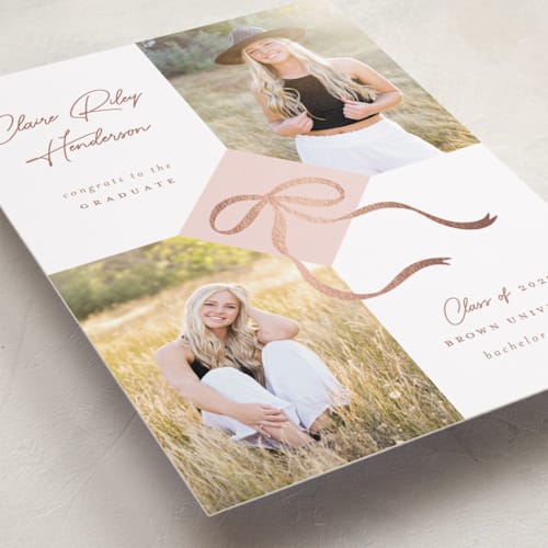 This is a blush graduation announcements with foil pressed by Paper Raven Co. called sweet grad cap printing on recycled smooth signature in standard
