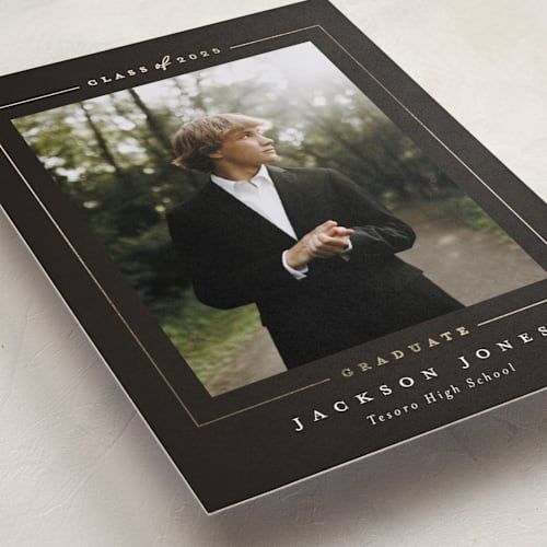 This is a truffle graduation announcements with foil pressed by Joanna Griffin called straight arrow printing on recycled smooth signature in standard