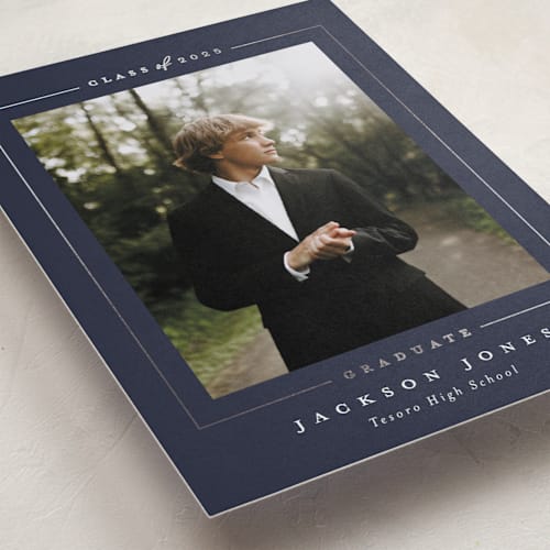 This is a slate graduation announcements with foil pressed by Joanna Griffin called straight arrow printing on recycled smooth signature in standard