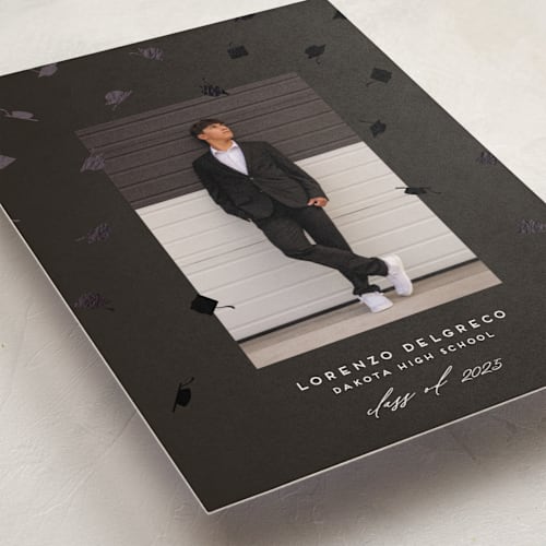 This is a ardoise graduation announcements with foil pressed by Jamie Alexander called hats off grad printing on recycled smooth signature in standard