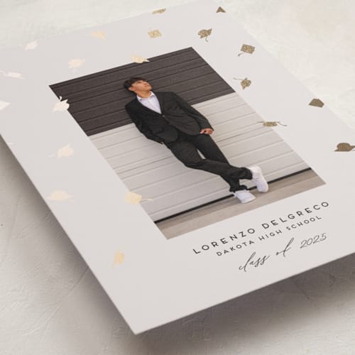 This is a parchment graduation announcements with foil pressed by Jamie Alexander called hats off grad printing on recycled smooth signature in standard