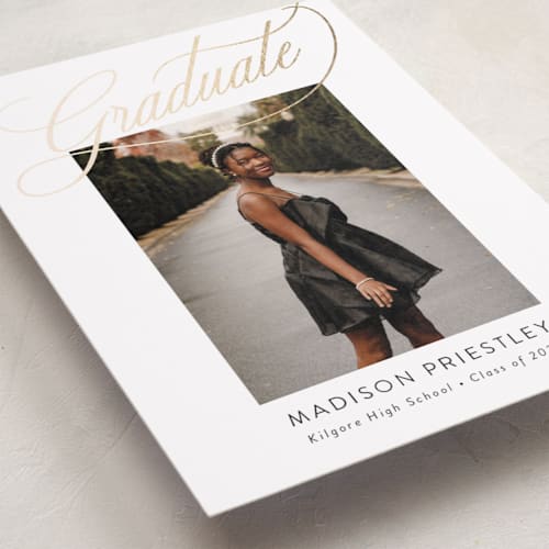 This is a daisy graduation announcements with foil pressed by Jessica Williams called aloft printing on recycled smooth signature in standard