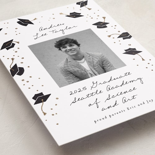 This is a cloud graduation announcements with foil pressed by Alethea and Ruth called hat fling printing on recycled smooth signature in standard
