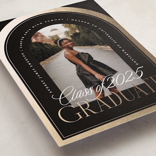 This is a black cap graduation announcements with foil pressed by Erin L. Wilson called commencement printing on recycled smooth signature in standard