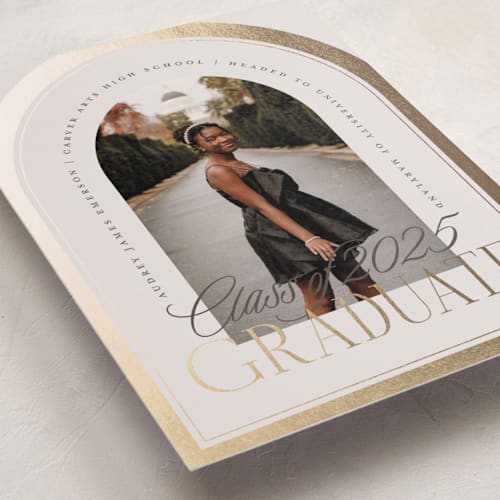 This is a cream brulee graduation announcements with foil pressed by Erin L. Wilson called commencement printing on recycled smooth signature in standard