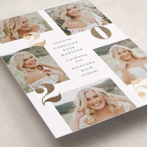 This is a cloud graduation announcements with foil pressed by Lauren Chism called staggered printing on recycled smooth signature in standard