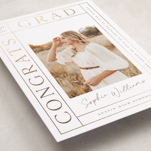 This is a snow graduation announcements with foil pressed by Sarah Curry called grad grid printing on recycled smooth signature in standard
