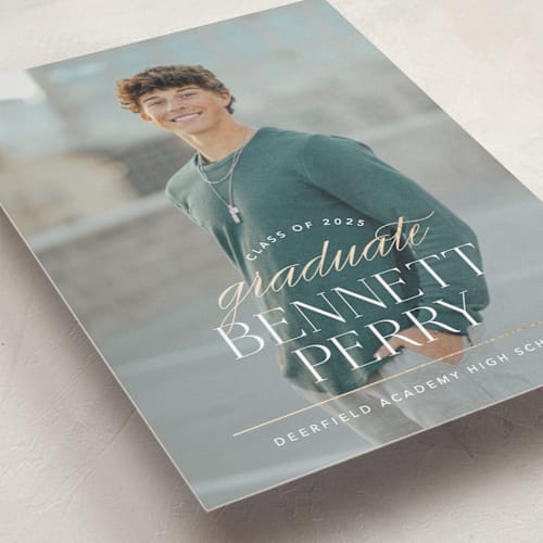 This is a pearl graduation announcements with foil pressed by Jennifer Postorino called academy printing on recycled smooth signature in standard