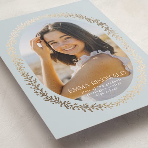 This is a sky graduation announcements with foil pressed by Kim Thoa called abstract laurel graduate printing on recycled smooth signature in standard