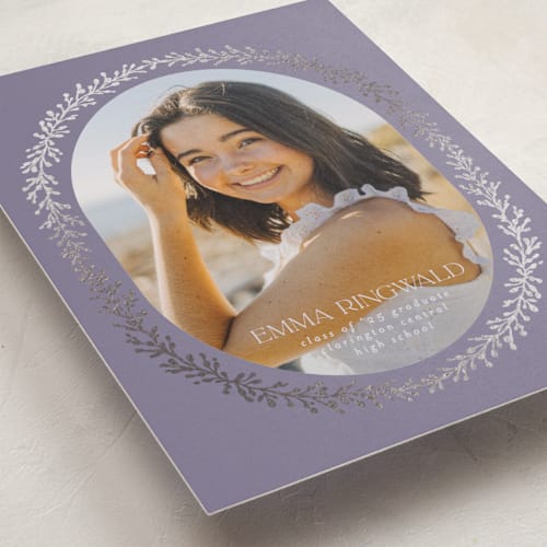This is a orchid graduation announcements with foil pressed by Kim Thoa called abstract laurel graduate printing on recycled smooth signature in standard