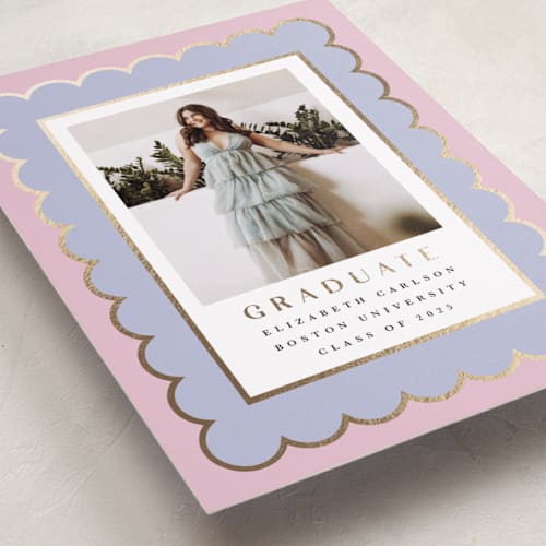 This is a lavender graduation announcements with foil pressed by Maria Alou called graduation stamp printing on recycled smooth signature in standard