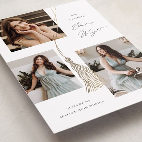 This is a cotton graduation announcements with foil pressed by Susan Zinader called tassel trio printing on recycled smooth signature in standard
