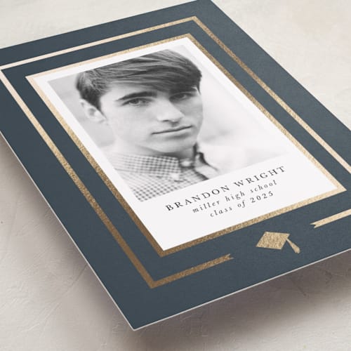 This is a graphite graduation announcements with foil pressed by Anna Elder called borders printing on recycled smooth signature in standard